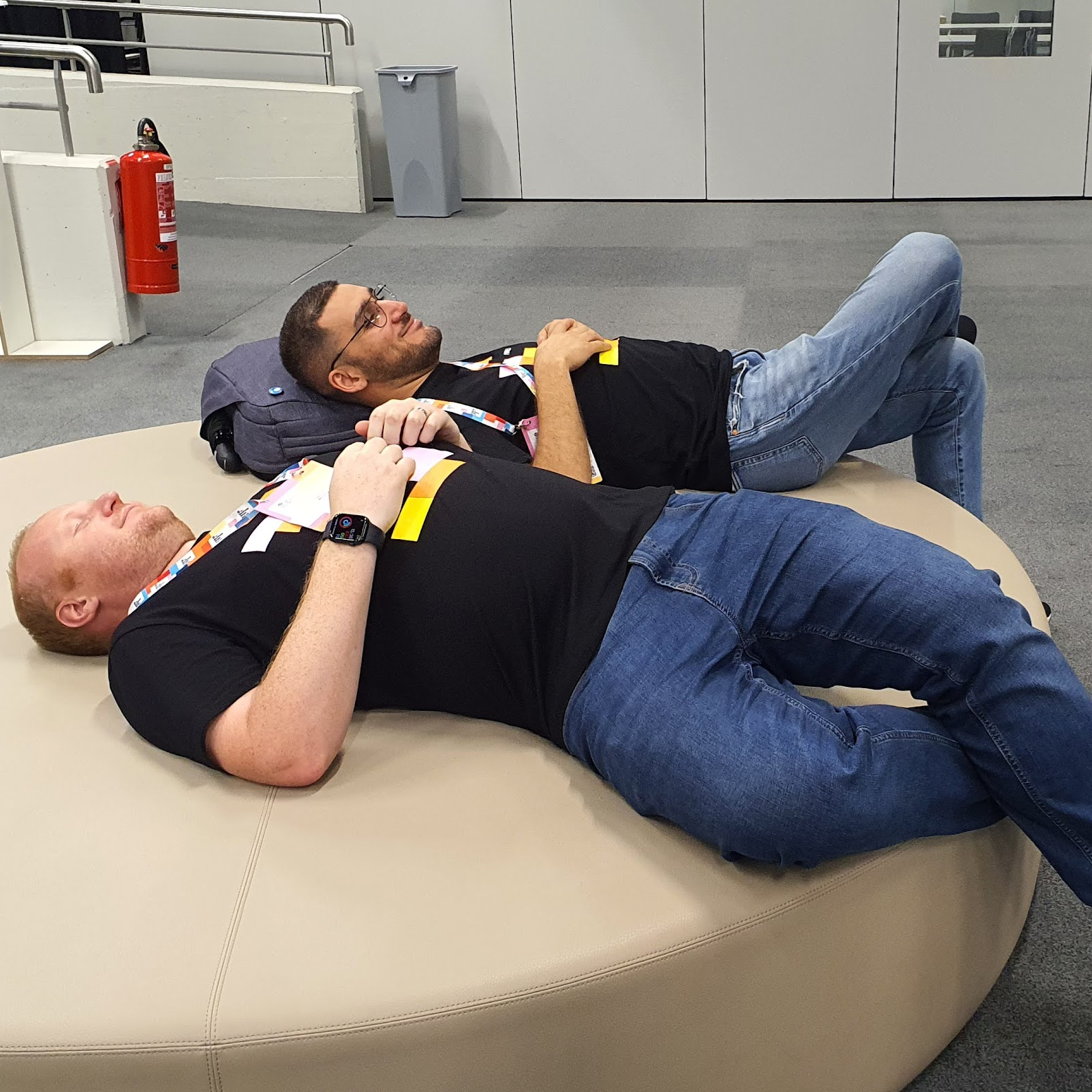 Post-lunch power nap with Steve Mosby in the staff HQ in Basel, June 2025.
