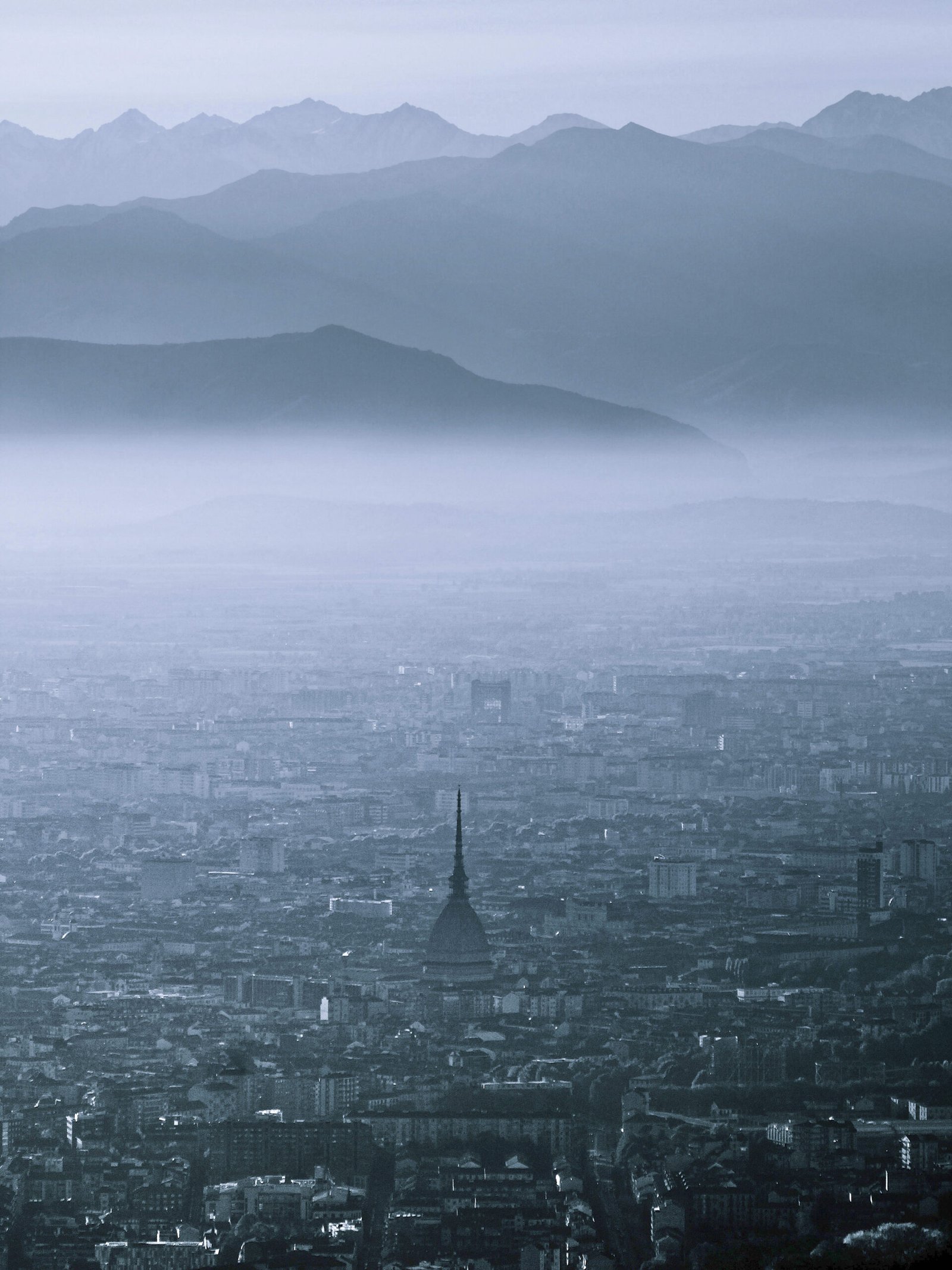 Torino from Superga hill, Mole Antonelliana museum in the center, 2022.
