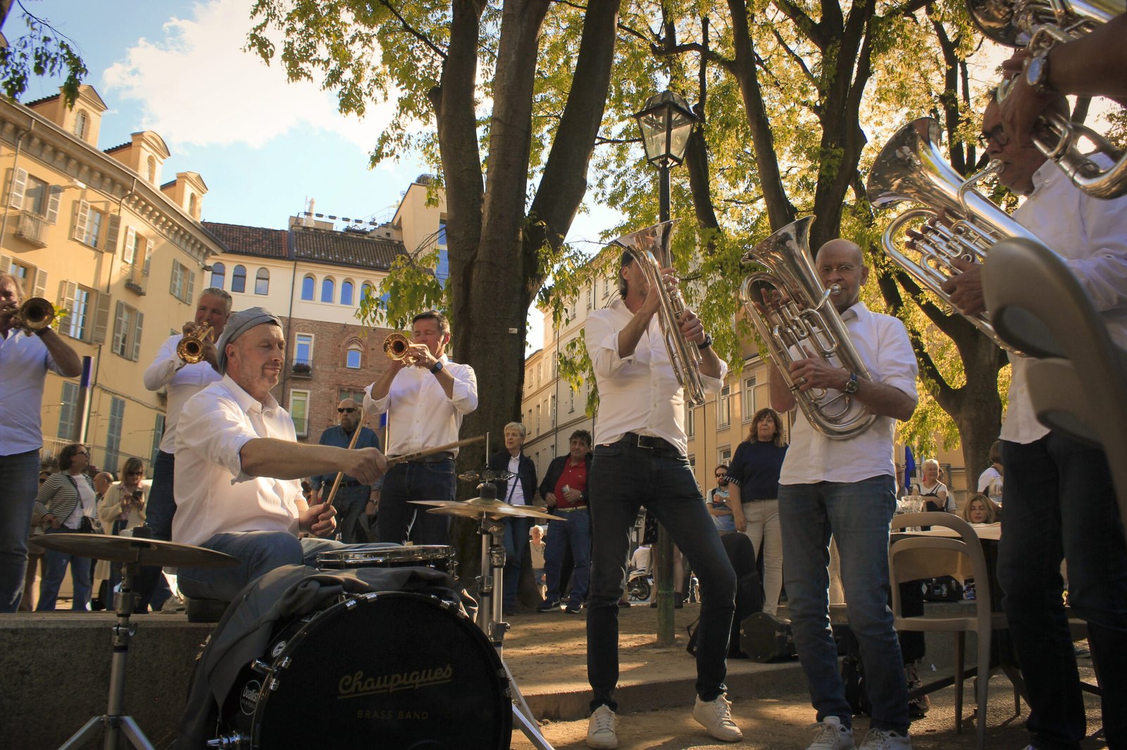 Dutch street brass band Chaupiques, performing in piazza IV Marzo, Torino, 2025.